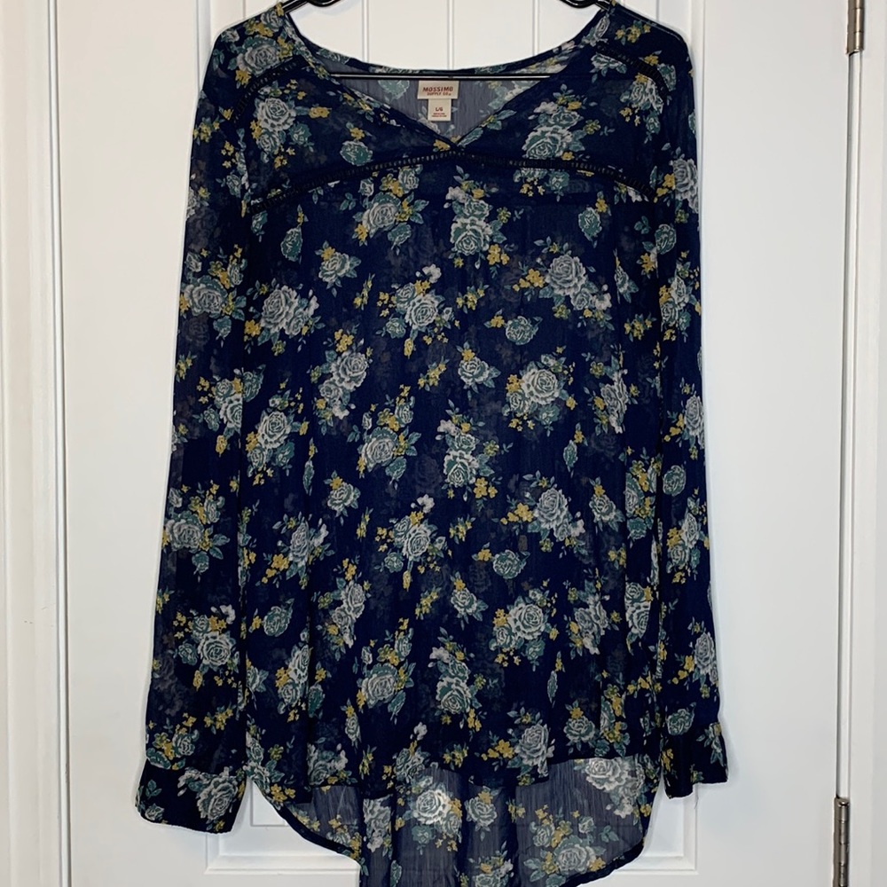 Sheer Navy Floral Blouse Size L